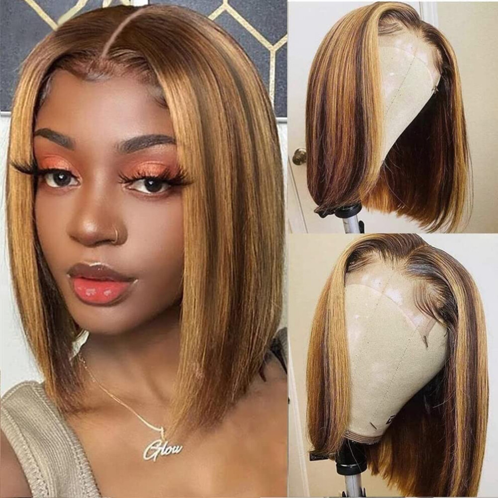 Human Hair Lace Closure Wig Ombre Honey Blonde Highlight Brazilian Straight Bob 150% Density HD