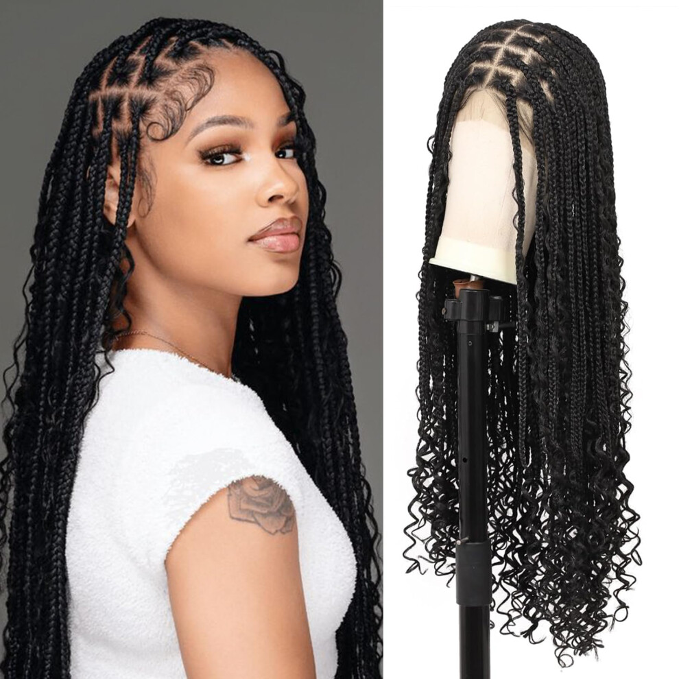 36 Inch Lace Front Knotless Boho Box Braid Wig with Baby Hair, Natural Hairline, Heat Resistant