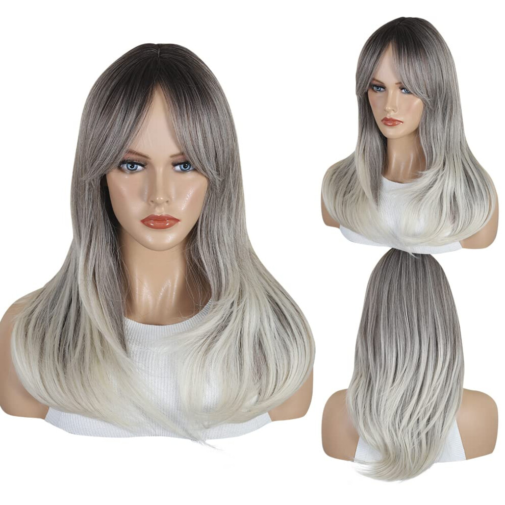 Ombre Blonde Wig 22 Inch Synthetic Long Straight with Bangs, Natural Layered HeatStylable Fiber