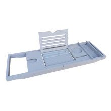 Bamboo Bathtub Caddy Tray with Wine Glass, Tablet and Book Holder, Adjustable Expandable Bath Organizer, White Gray