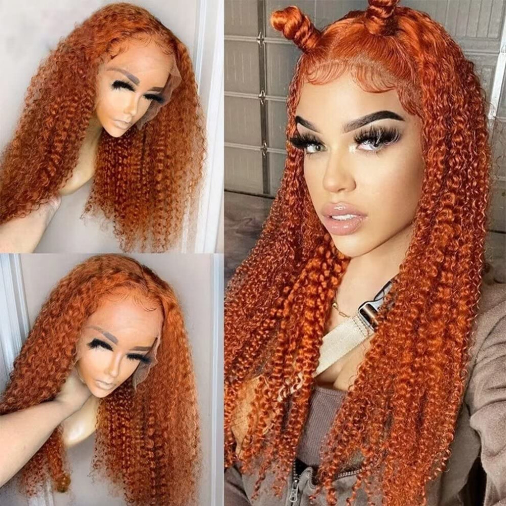 Unisex 22 Inch Ginger Human Hair Lace Front Wig Hd Transparent Natural Hairline Deep Wave Glueless 150%