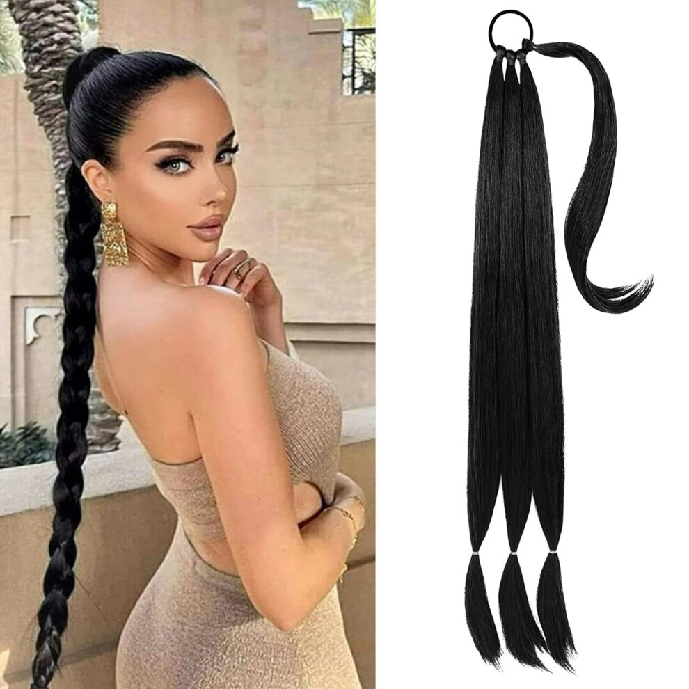 34 Inch Long Braided Ponytail Hair Extension Wrap Around Synthetic Hairpiece for Women Black