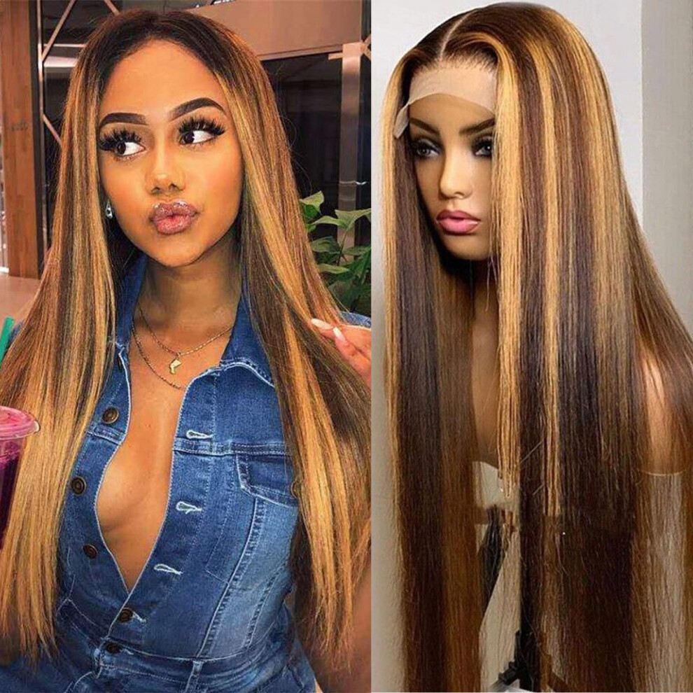 Unisex 26 Inch Ombre Blonde Lace Front Wig Human Hair 13X4 Hd Transparent Glueless 180% Density Natural Hairline