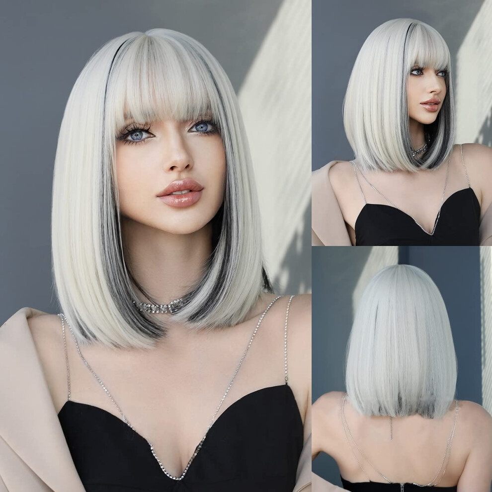 Silver Grey Bob Wig with Bangs 12' Heat Resistant Synthetic Wig Natural Looking for Women