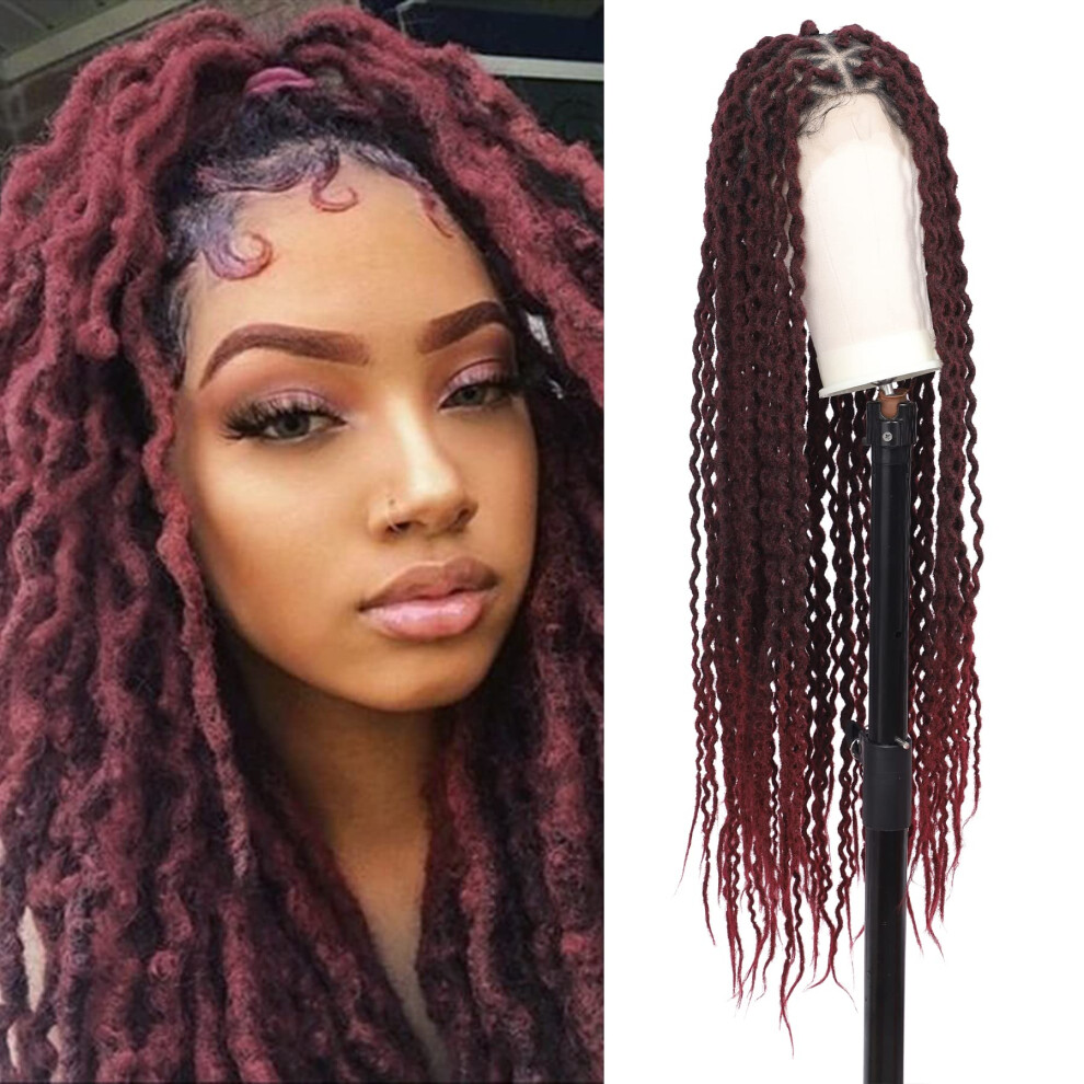 38 Inch Full Lace Front Braided Wig Burgundy Red Knotless Locs with Baby Hair for Black Women