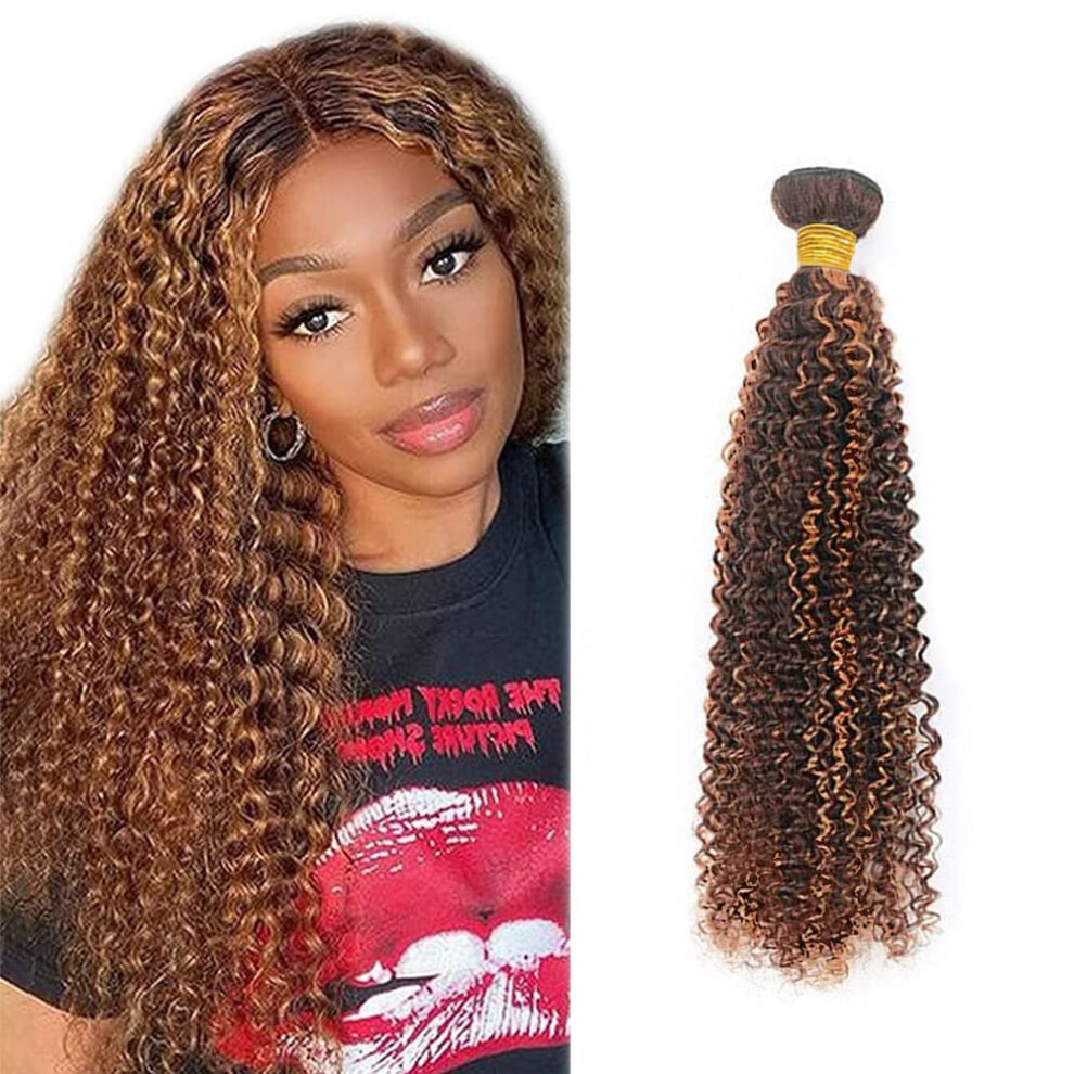 Unisex Brown Kinky Curly Human Hair Bundles Brazilian Virgin Hair Extensions 16 Inch P4/30 Light