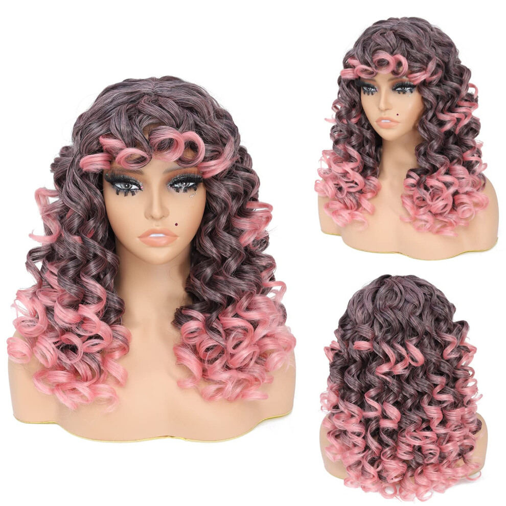Unisex Pink,Black Curly Wig With Bangs 20 Inch Heat Friendly Synthetic Ombre Ginger Black To Pink For Daily And Cosplay