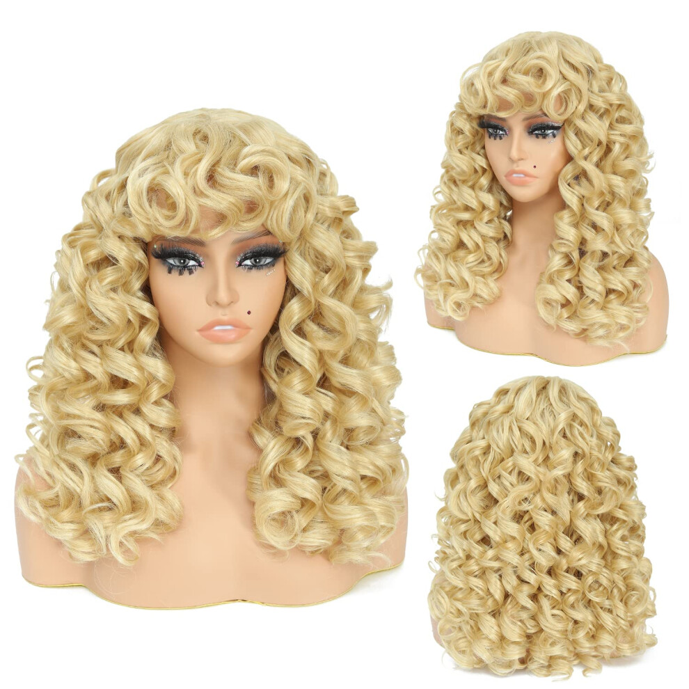 Unisex 20 Inch Blonde Kinky Curly Wig With Bangs For Women, Heatfriendly Synthetic Hair