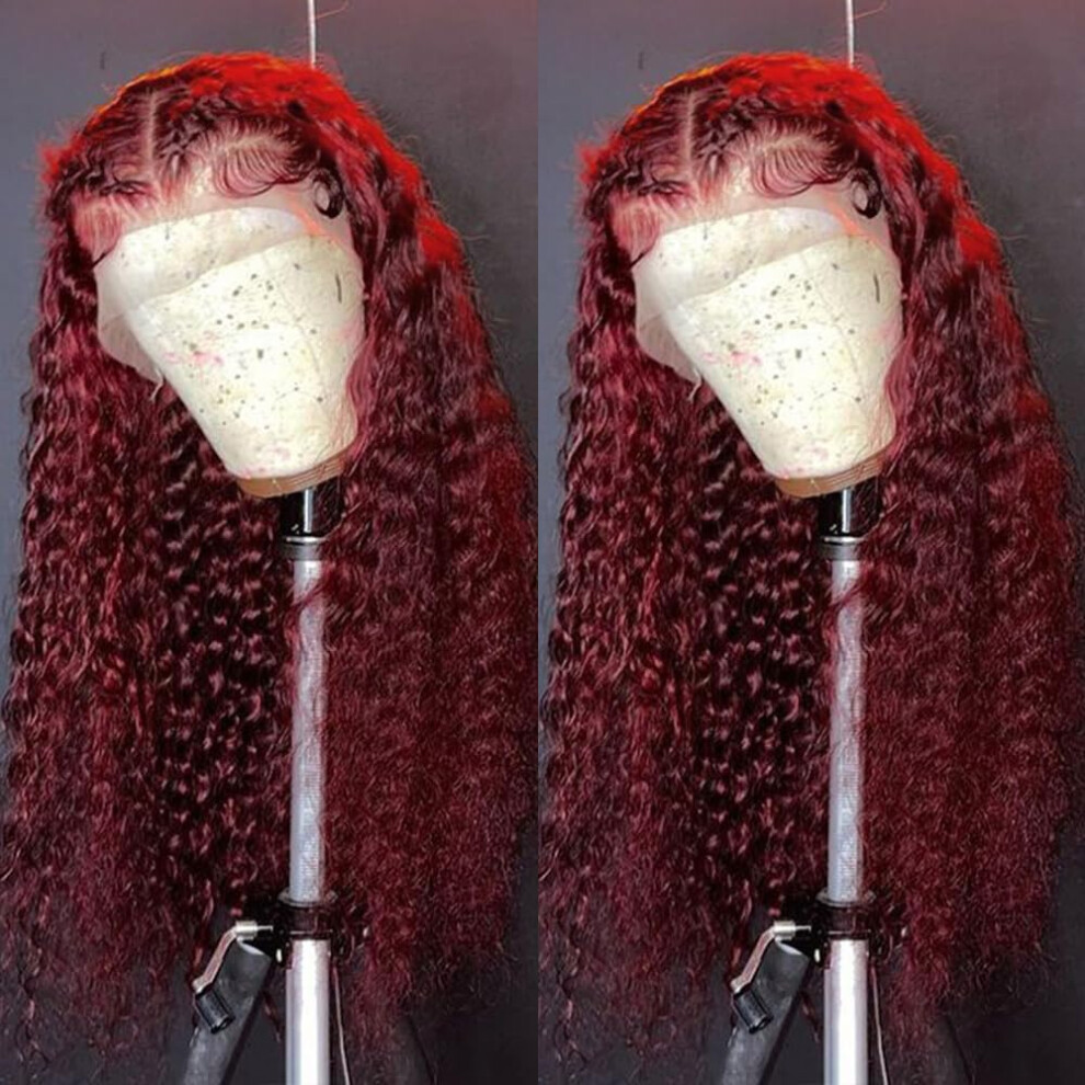 99J Lace Front Wig with Black Roots, Dark Red Synthetic Water Wave, Heat Resistant Natural Hairline
