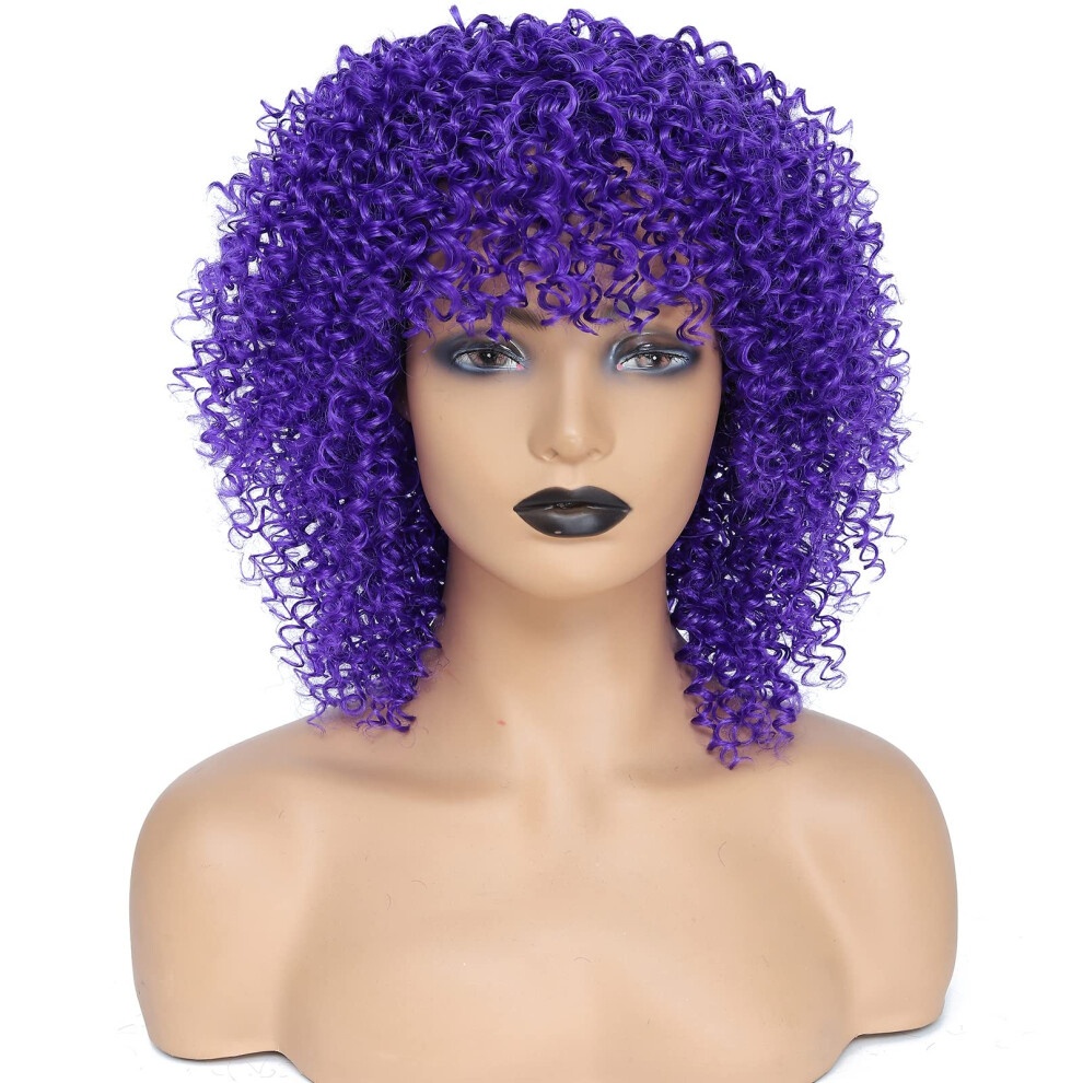 Unisex Black,Purple Purple Afro Wig With Bangs Synthetic Short Kinky Curly Hair For Black Women