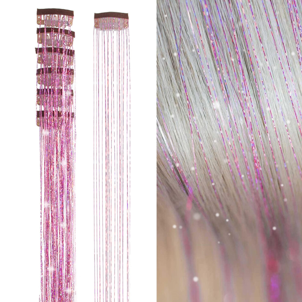 Pink Hair Tinsel Clip In Extensions 20.5 Inch Sparkle Strands for Women Party Cosplay 6pcs