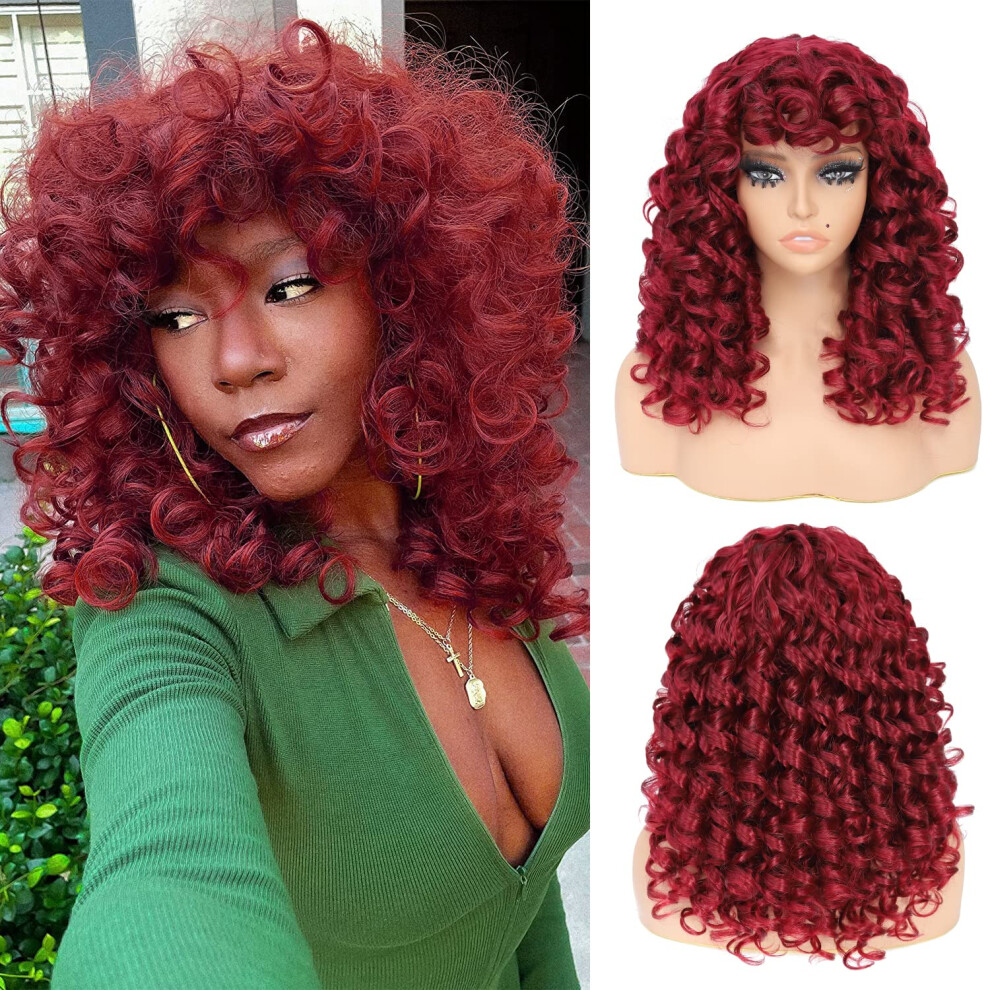 20 Inch Curly Wig with Bangs for Women Burgundy Synthetic Hair Natural Look HeatFriendly Lightweight