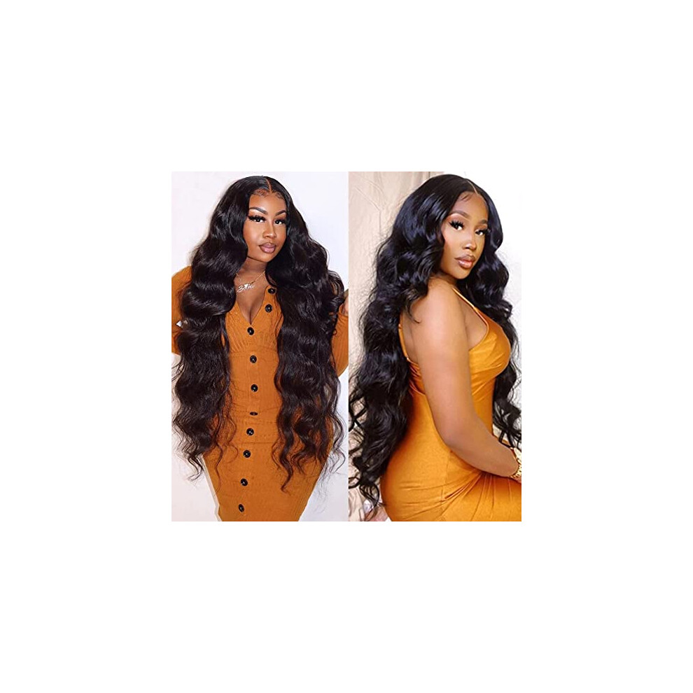 Unisex 34 Inch Brazilian Body Wave Human Hair Lace Front Wig, Pre Plucked, Glueless, Natural Hairline