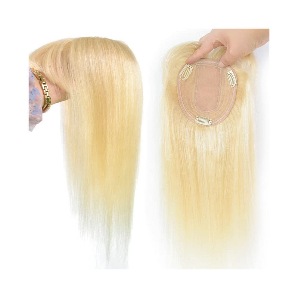 Unisex 613 Blonde Human Hair Topper With Bangs, 10 Inch Clip In, Straight Fringe Middle Part Hairpiece