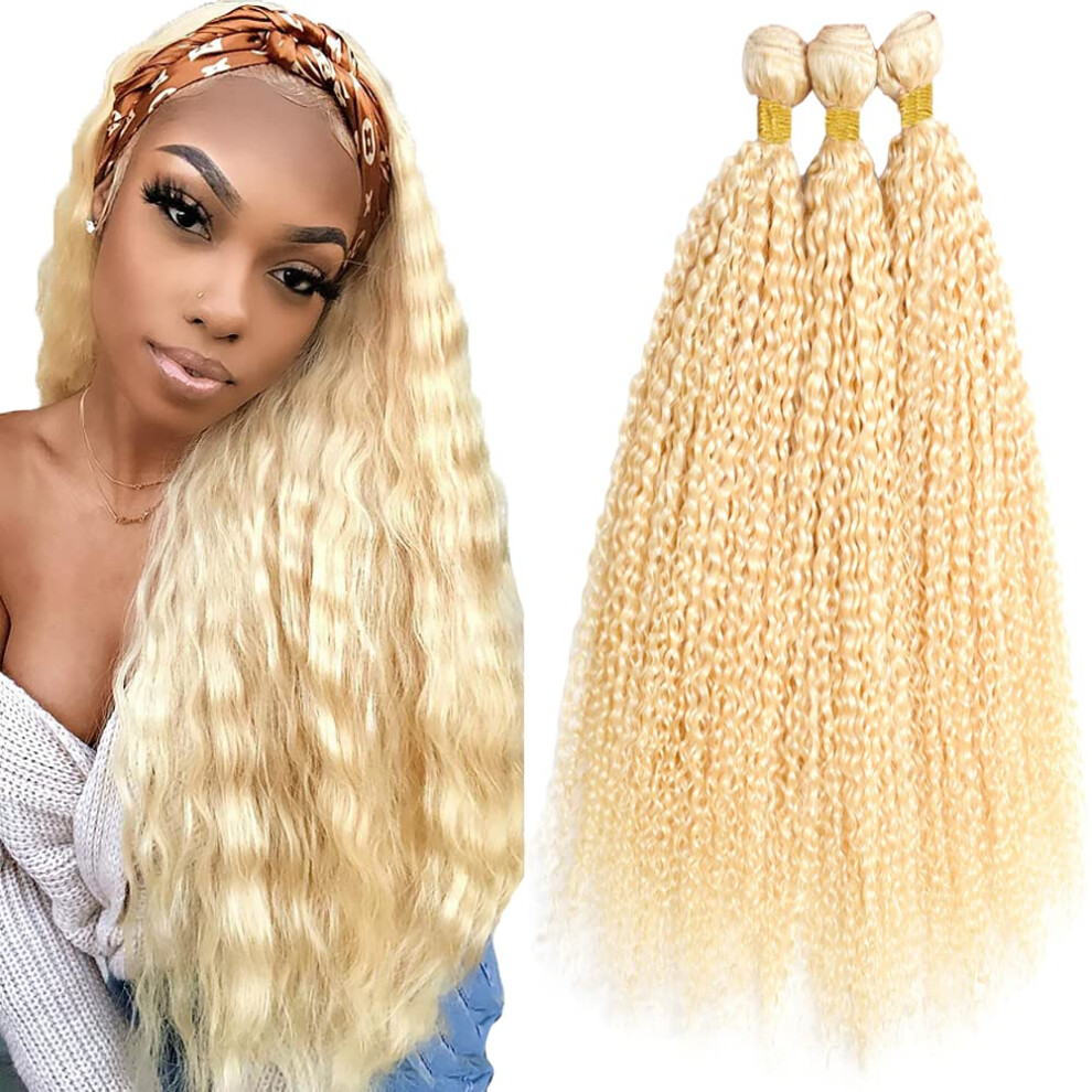 Unisex 613 Honey Blonde Kinky Curly Human Hair Bundles 10 12 14 Inch Natural Soft Curl Extensions