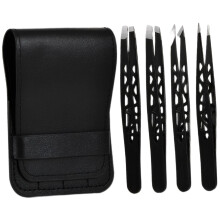 Eyebrow Tweezers Set with 4 Stainless Steel Precision Tools for Grooming in Black Leather Case