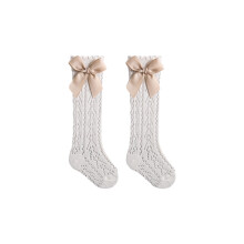 (1-3 Years, Creamy) Chaussettes hautes bébé fille, style princesse, nœud papillon, maille fine, printemps/été