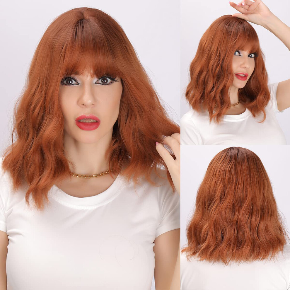 Unisex 14 Inch Curly Bob Wig With Bangs For Women Natural Hairline Heat Resistant Synthetic Fiber