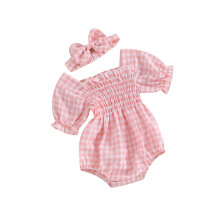 (9-12 Months, Pink) Ensemble 2 pièces pour bébé fille : barboteuse à carreaux et bandeau assorti. Vêtements de printemps.