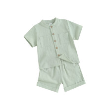 (18-24 Months, Green) Copii băieți set 2 buc lenjerie vară topuri cu mânecă scurtă și pantaloni scurți elastici, culoare solidă