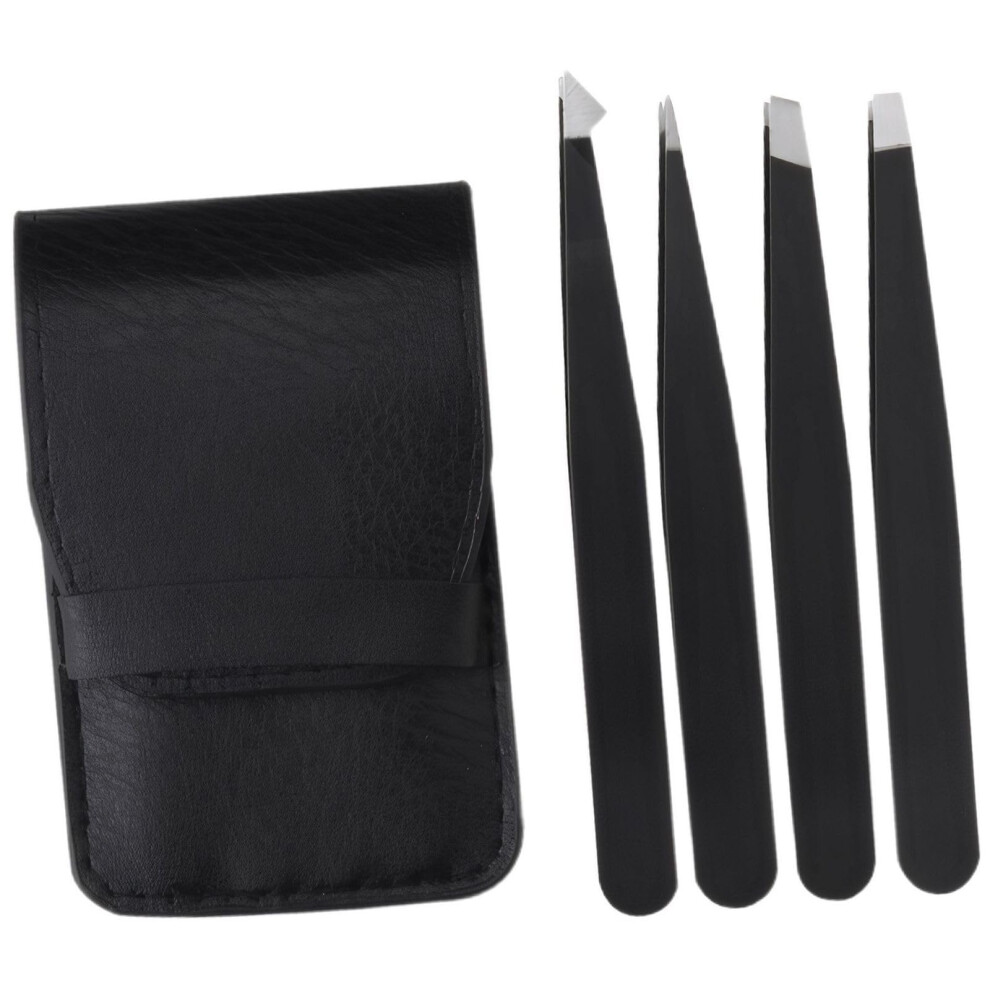 Black Eyebrow Tweezers Set With Precision Slant Tips For Makeup And Grooming (, 9.5Cm)