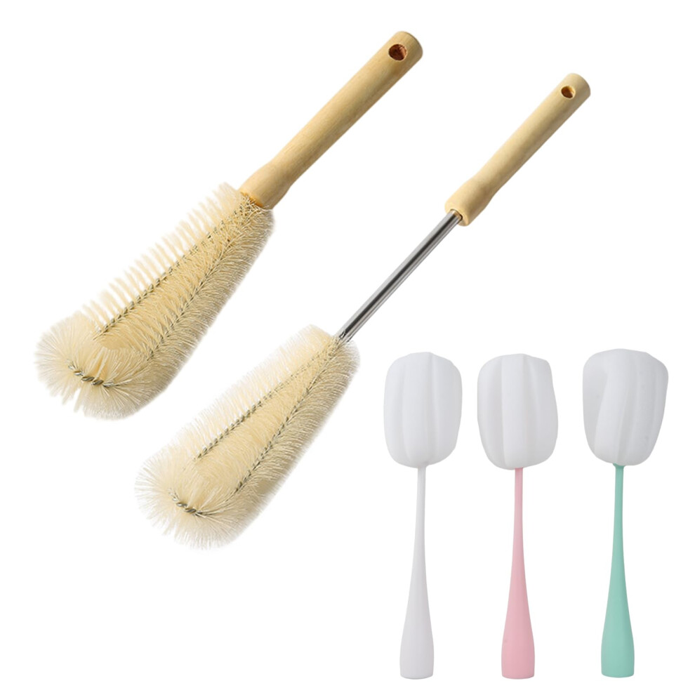 5Piece Bottle Brush Set LongHandled Nylon Brush Sponge Brush For Baby Bottles Thermos Flasks Coffee Cups Wine Glasses