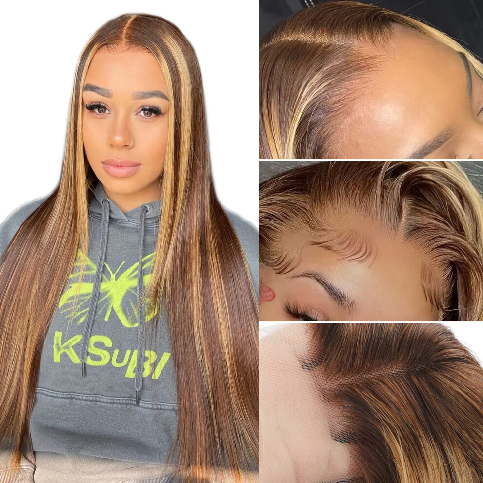 Unisex Honey Blonde Ombre 4X4 Hd Lace Closure Human Hair Wig, Pre Plucked Glueless Brazilian Virgin Hair