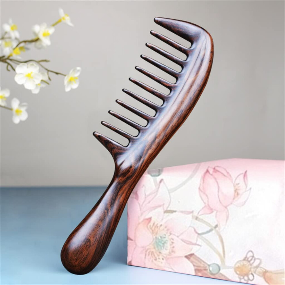 Wooden Hair Comb with Smooth Rounded Teeth, Natural Ebony and Rosewood, Wide Tooth for Long Curly Hair