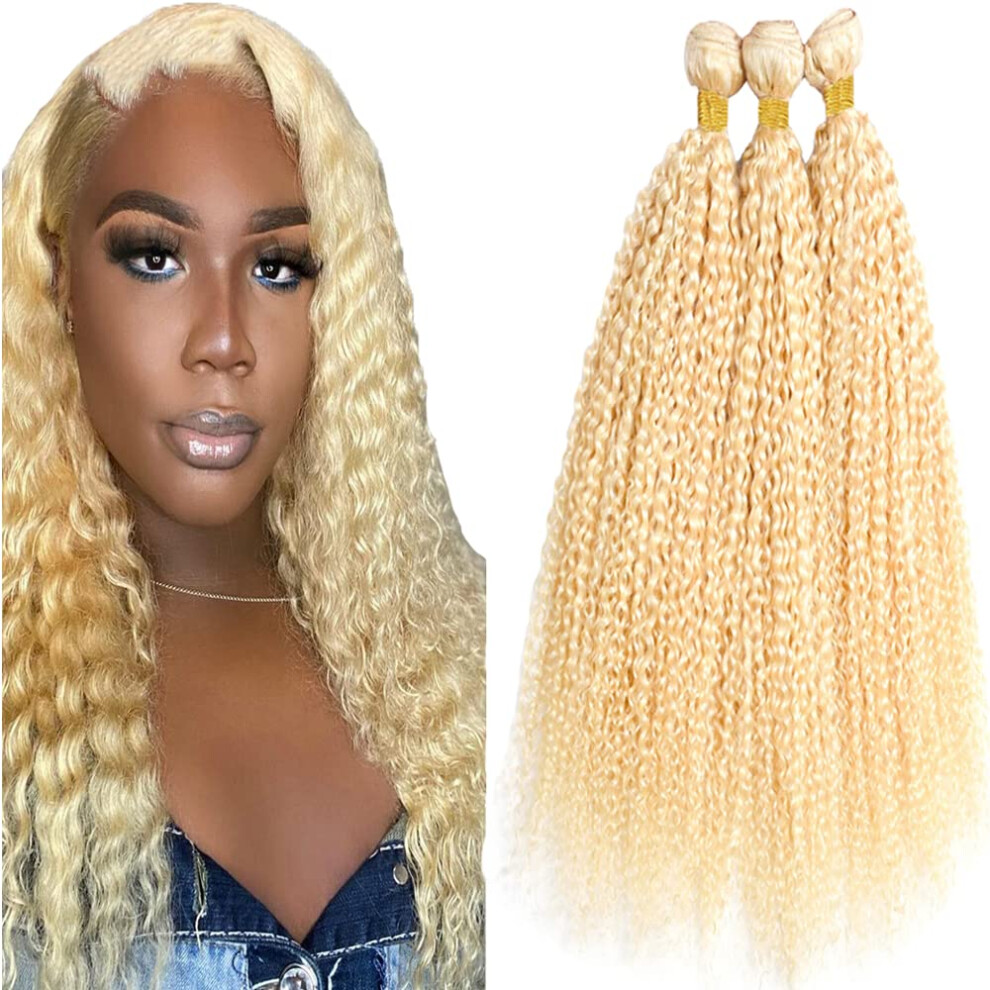 Unisex Light 613 Blonde Human Hair Bundles Brazilian Virgin Kinky Curly Extensions 20 22 24 Inch 300G