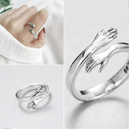 Sterling Silver Hug Ring, Hug Ring, Adjustable Couple Hug Ring, Romantic Love Hugging Hands Open Ring 1