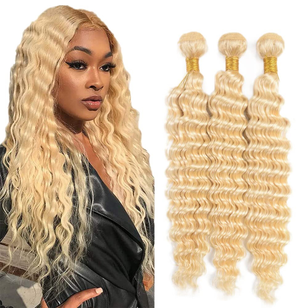 Unisex 613 Honey Blonde Deep Wave Brazilian Virgin Human Hair Extensions 26 28 30 Inch Double Weft