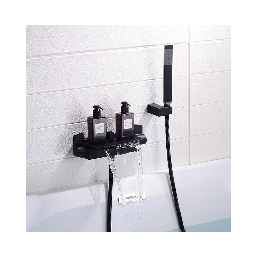 Matte Black Solid Brass Bathtub Faucet Set With Waterfall Spout And Dual Temperature Control 9174973927518