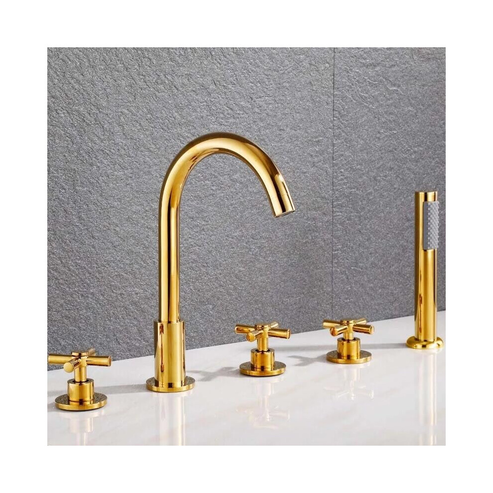 Bathtub Mixer Faucet With Triple Handle Deck Mount 5 Hole Hot Cold And Hand Shower Black Gold 9113335938847