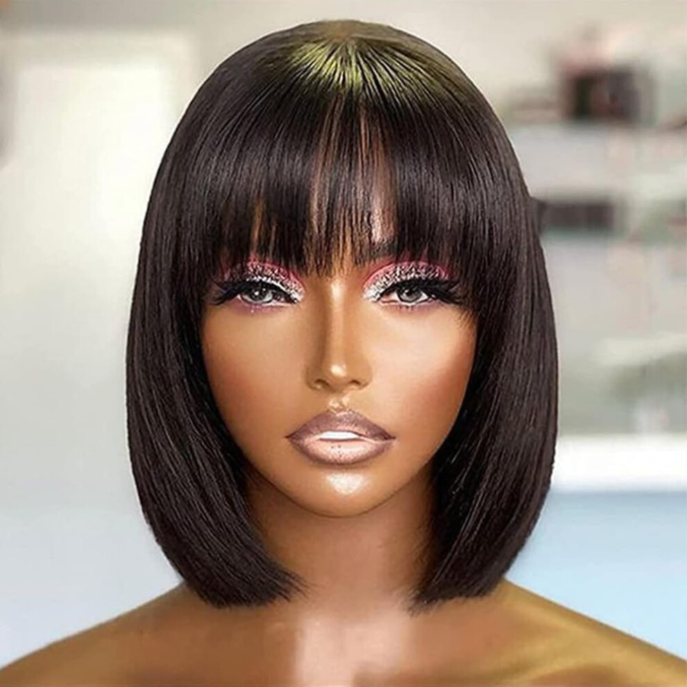 Unisex Black Human Hair Bob Wig With Bangs 10 Inch Straight Brazilian Virgin Hair For Women Color 1B