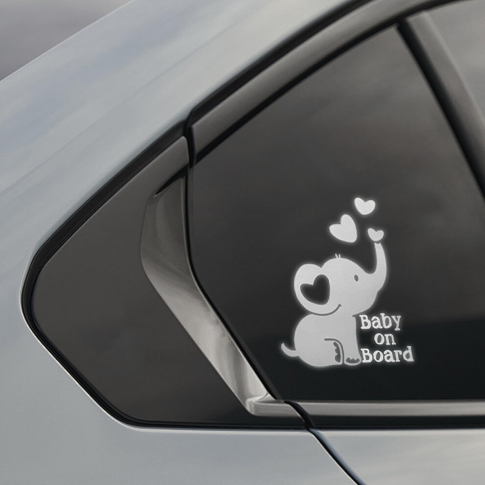 Baby On Board Elephant Car Sticker Decal, Reflective Waterproof Vinyl Safety Sign For Bumper, Laptop, Wall (Silver) Silver