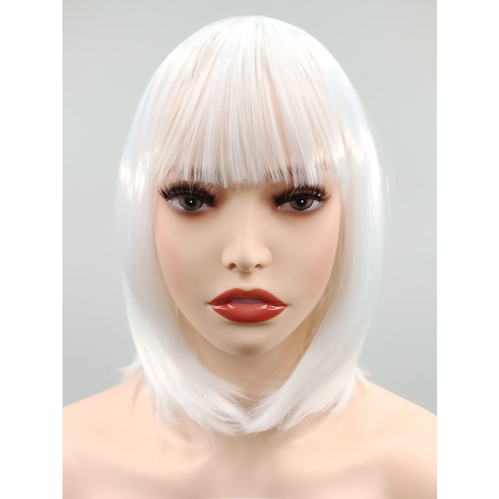 Unisex White Wigs For Women Synthetic Heat Resistant Bob Wig With Bangs Short Straight For Halloween Cosplay