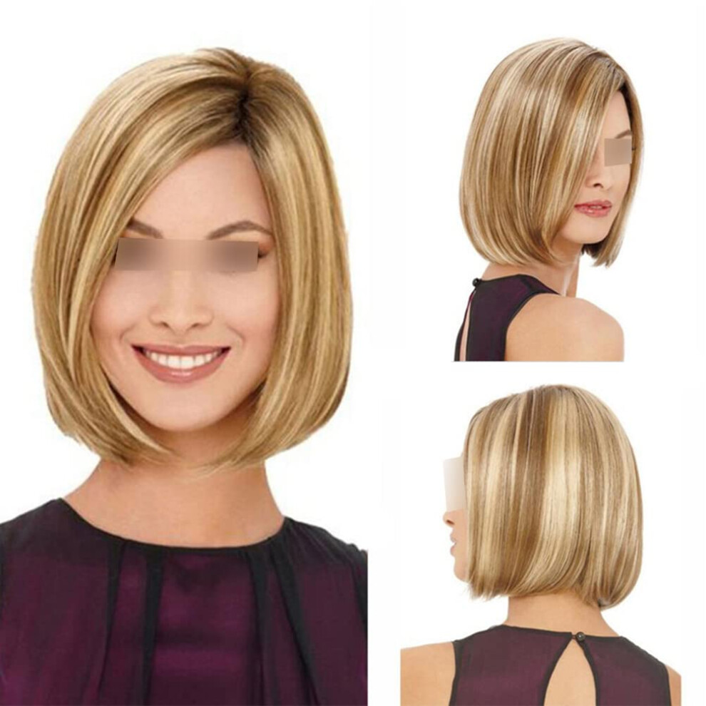 Unisex Brown 14 Inch Blonde Short Bob Wig For Women Ombre To Blonde Synthetic Straight Natural Hairline