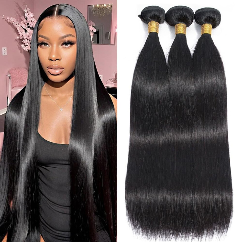 Unisex Black 10A Brazilian Straight Virgin Hair Bundles 10 12 14 Inch Unprocessed Human Hair Weave 1B