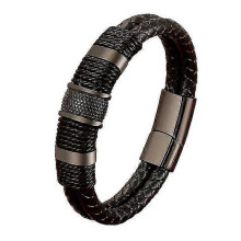 (black) Woven Leather Rope Wrapping Special Style Classic Stainless Steel Men's Leather Bracelet Double-layer Design