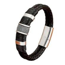 (steel) Woven Leather Rope Wrapping Special Style Classic Stainless Steel Men's Leather Bracelet Double-layer Design