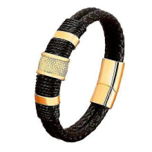 (gold) Woven Leather Rope Wrapping Special Style Classic Stainless Steel Men's Leather Bracelet Double-layer Design
