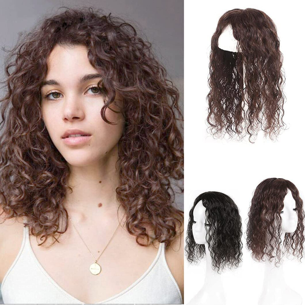 Unisex Brown 16 Inch Curly Human Hair Topper Silk Base Clip In Dark Hairpiece For Women Instant Volume