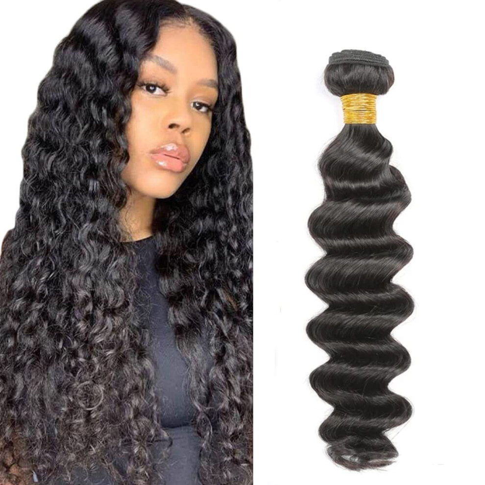 Unisex Black Brazilian Deep Wave Human Hair Bundles 16 Inch Natural Virgin Remy Extensions Tangle