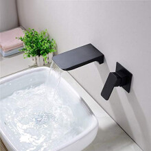 Brushed Gold Wall Mounted Bathroom Basin Faucet with Single Handle Brass Waterfall Spout Black
