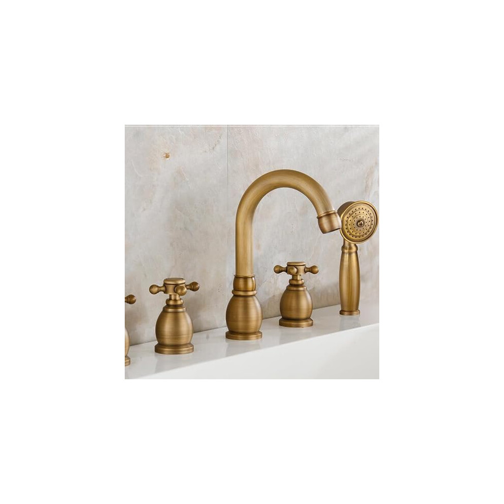 Antique Brass Bathtub Faucet Set With Handheld Shower, 5 Hole Deck Mount Widespread Basin Tap (Yellow) 9164114077059