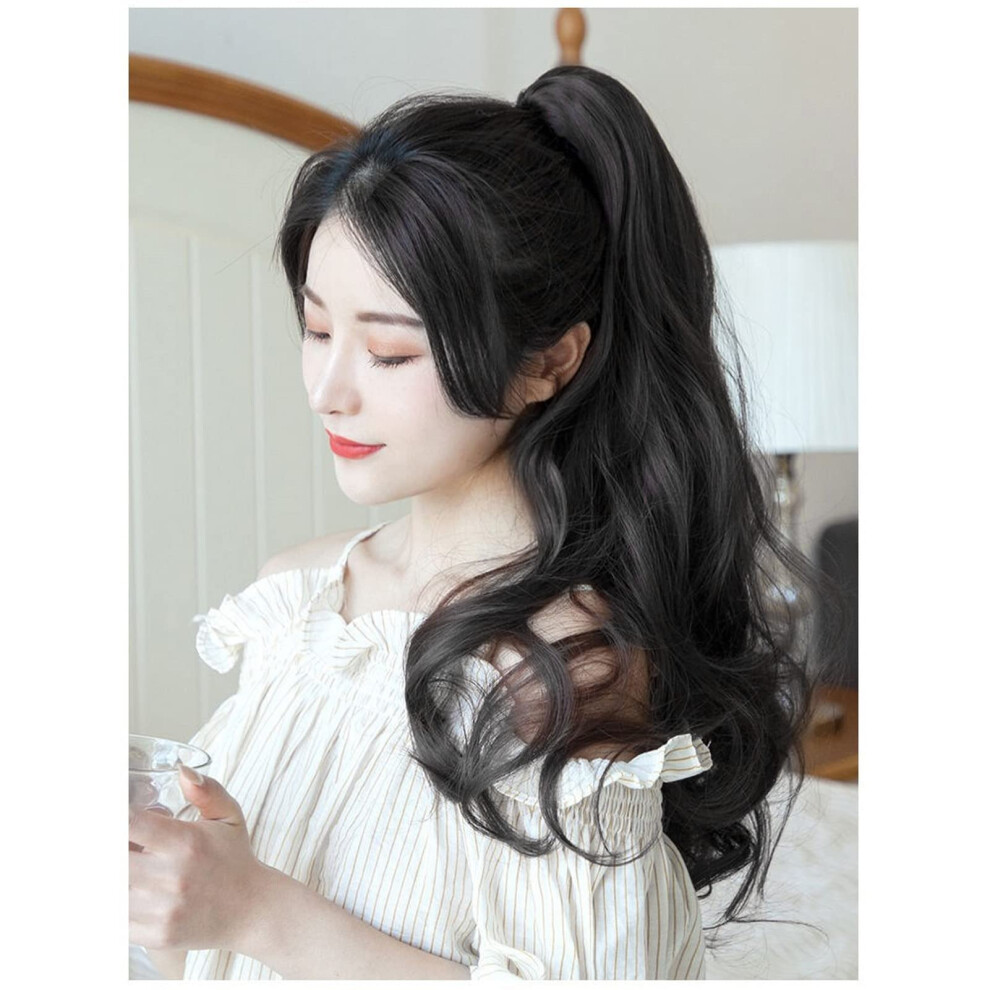 Unisex Black Long Curly Clipin Ponytail Hairpiece With Secure Claw Clip, Wavy Synthetic Extension 19.7'