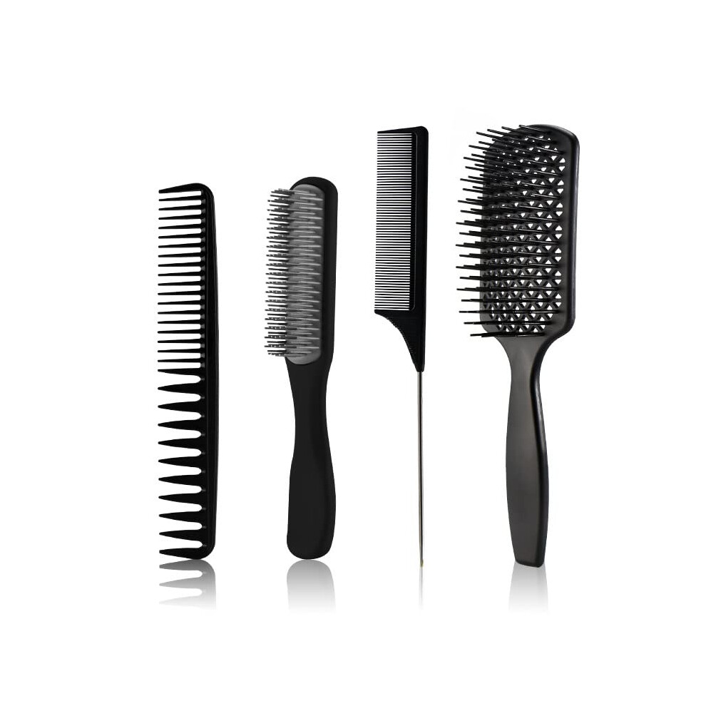 Black 4Pcs Paddle Hair Brush Set Antistatic Fast Detangling For Thick Curly Straight Hair