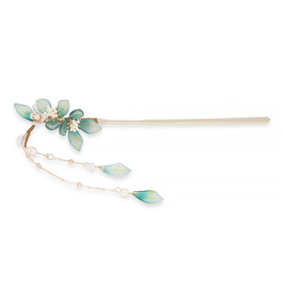 Hair Sticks with Green Floral Tassel, Elegant 21cm Metal Hair Chopsticks for Thick Hair