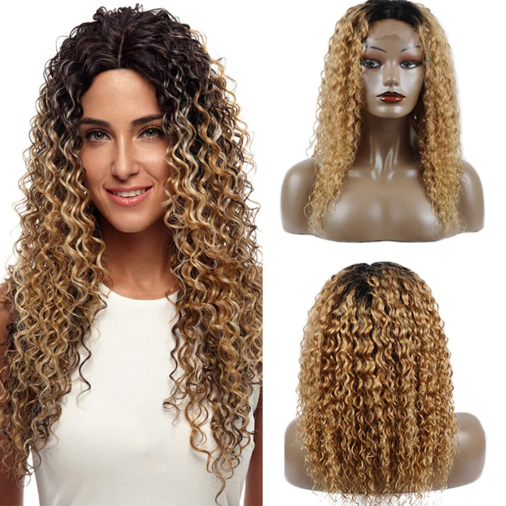 Unisex 18 Inch Ombre Kinky Curly Human Hair Lace Front Wig Honey Blonde Two Tone Pre Plucked Bleached Knots Natural Hairline