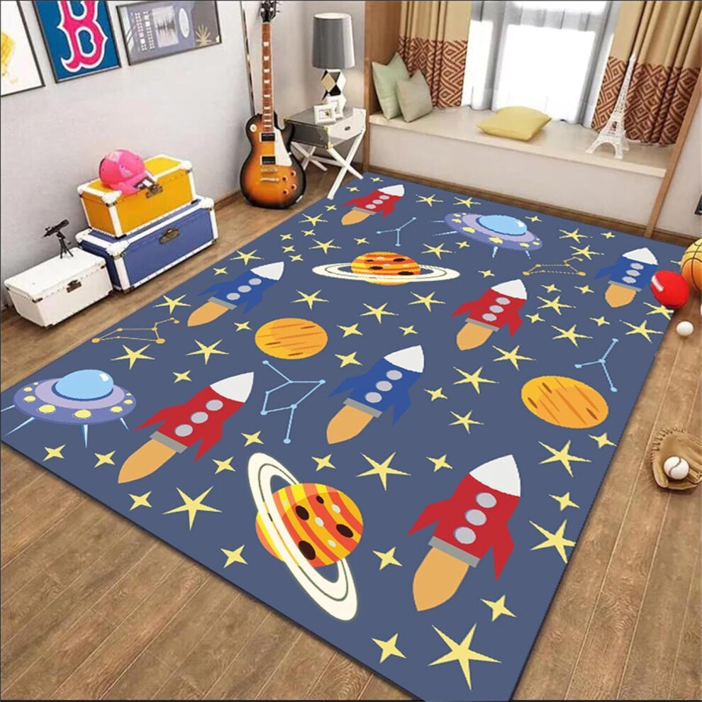 Kids Space Rug 4x6ft NonSlip Soft Carpet with Planets and Rockets for Bedroom Playroom Decor